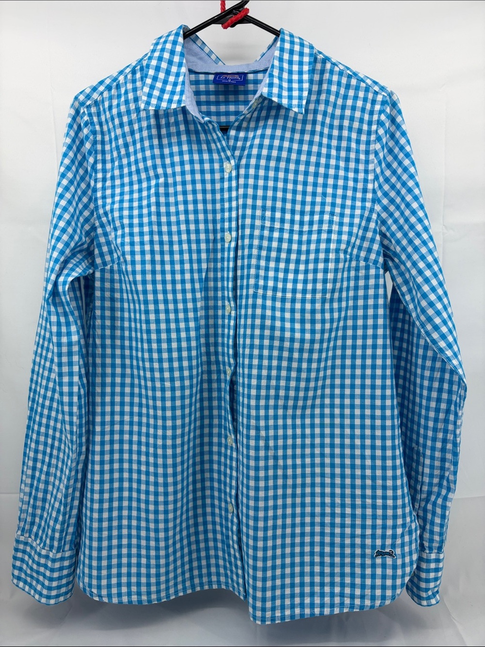 Le TIGRE Womens Classic White Teal Gingham Button Down Long Sleeved Shirt, sz M